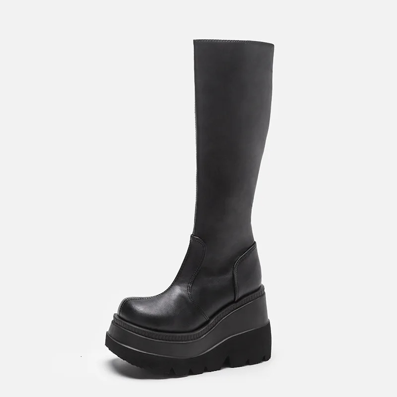Women Knee High Boots Womens Zip Leather Buckle High Boots Woman Low Heels Ladies Buckle Belt Female Shoes Gothic Shoes 251105