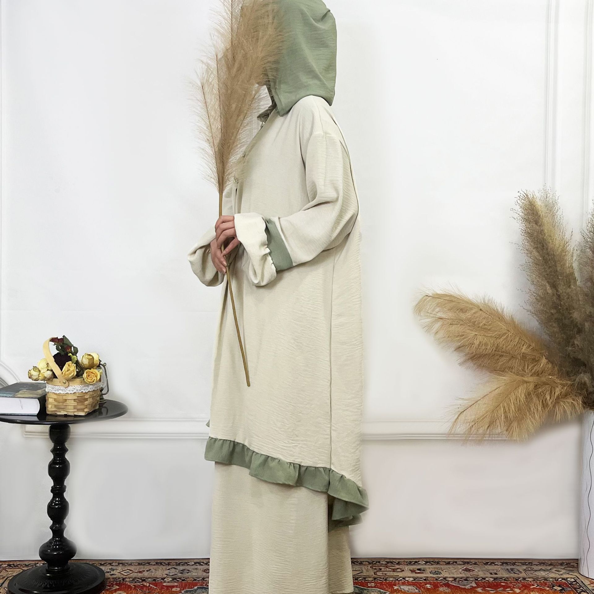 Fashion Muslims Women's Prayer Solid Color Ruffle Robe Two Piece Set Abaya Maxi Dresses Islamic Clothing