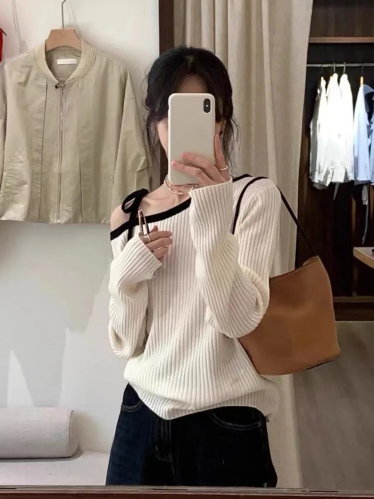 FalFashion Autumn Women Knitted Top Fall Pullover Off-shoulder Sweater Elegant Korean Style Knitwear Long Sleeve Casual Clothing 251104