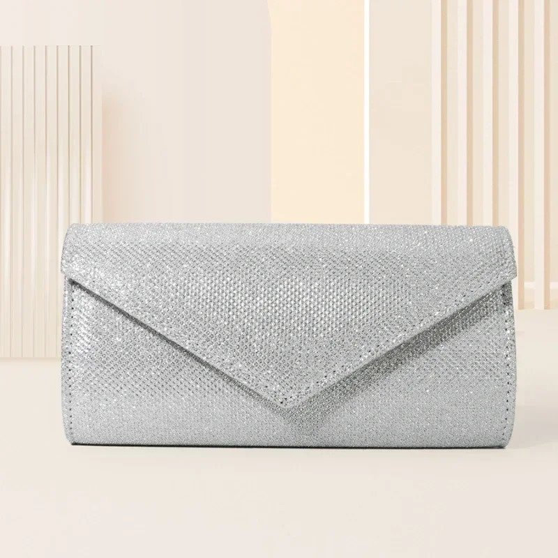 Womens envelope evening bag shiny womens chain shoulder bag shiny silver long wallet womens wedding party clutch mini handbag 250402