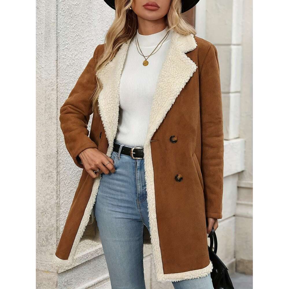 Elegant Coat - Brown Double-Breasted Jacket With Fluffy Lining, Button-Up Front, And Flap Pockets For Fall/Winter, Outerwear Chic Long Sleeve | Button