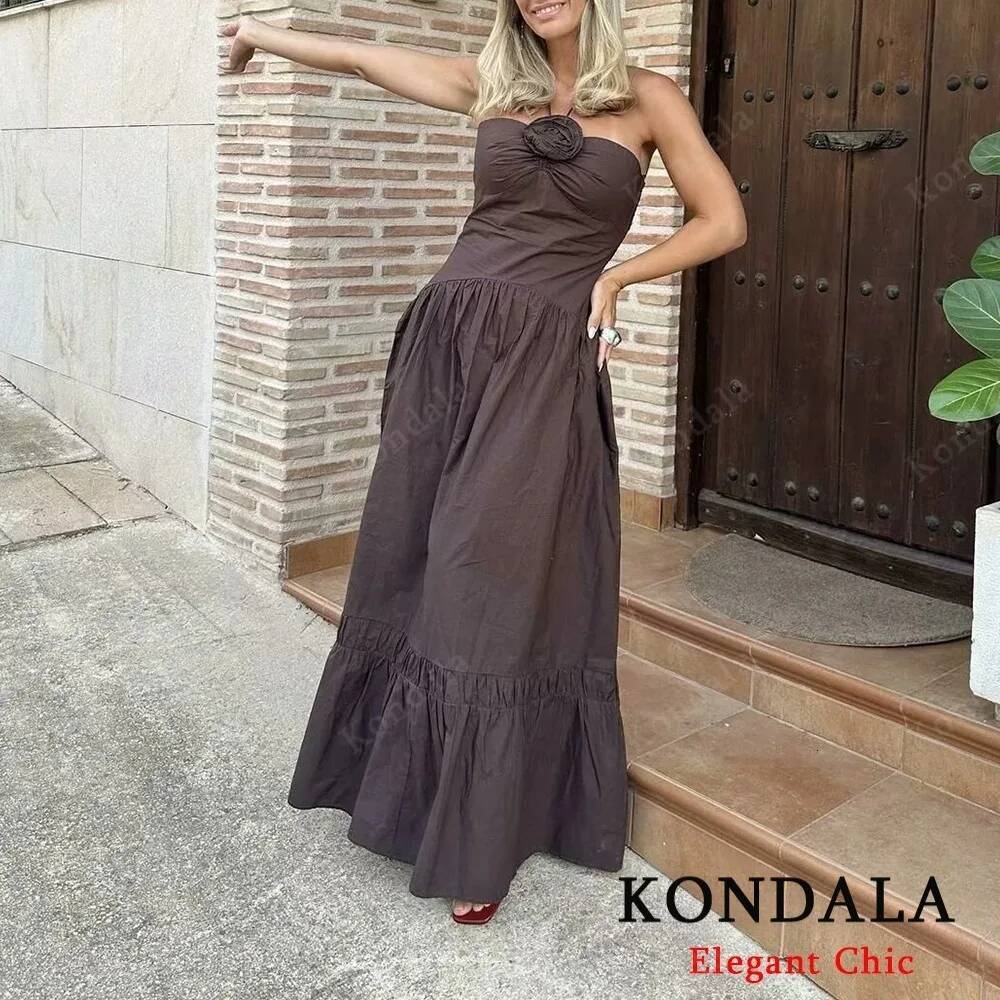 winter jacket women KONDALA Elegant Fall Brown Flower Halter Women 2025 Summer Fashion Neck-mounted Backless Long Evening Date Dress