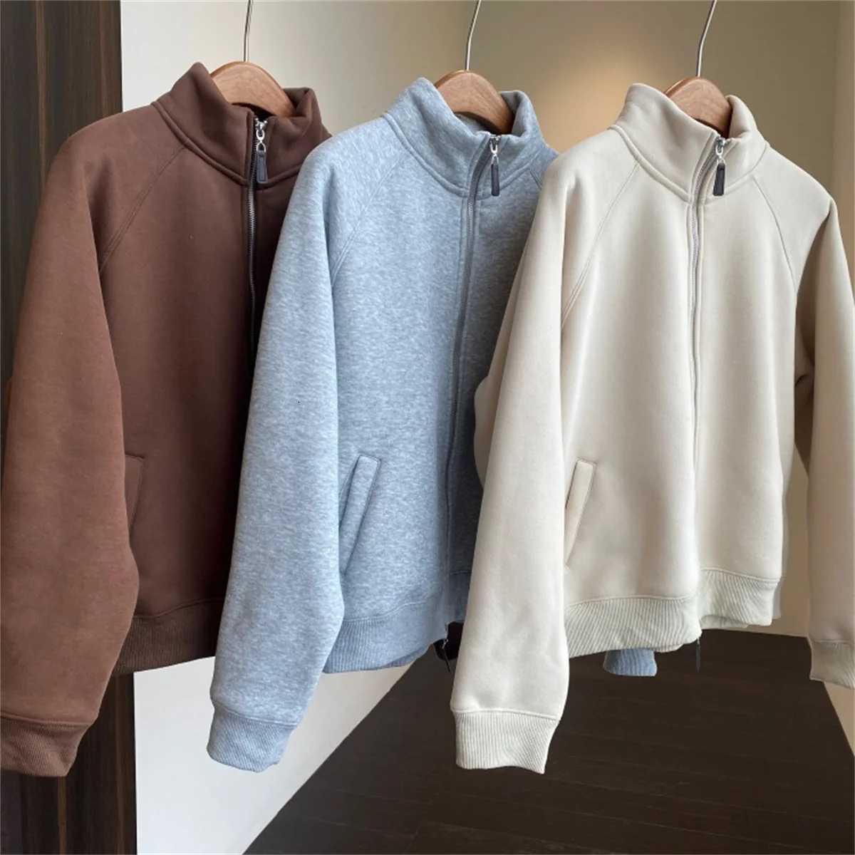 Women Autumn Winter Sweatshirt Coat Zip Up Solid Long Sleeve Stand Neck Jacket Lady Fashion Casual Street Vintage Coats OutwearT251105