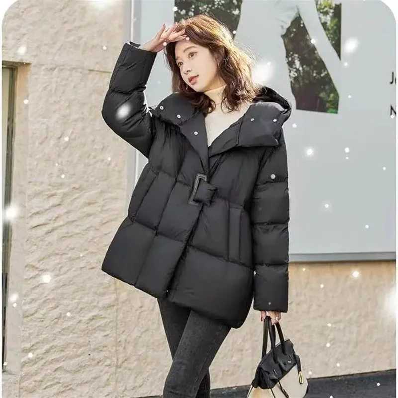 Women Down Jacket Hooded Loose Puffer Casual Warm Autumn Winter Outwear White Duck Down Cotton Stand Collar Coat 2025T251105