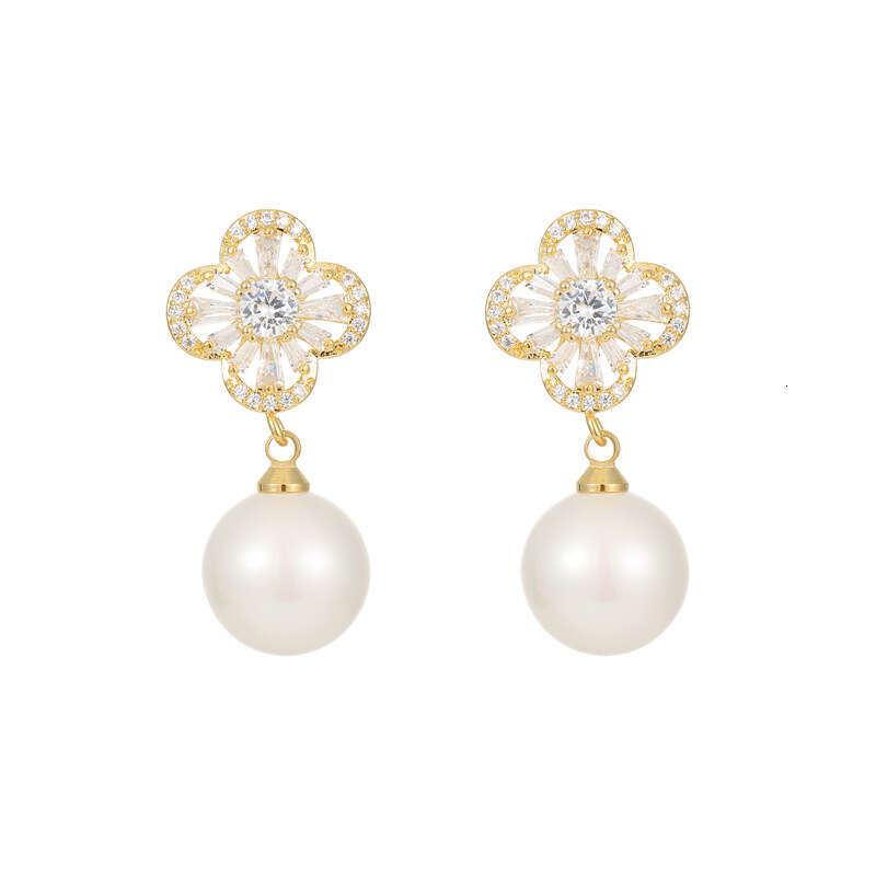 S925 Silver Needle Four-Leaf Clover Zircon Pearl 2024 New Hot Fashion Light Luxury Design Elegant Earrings
