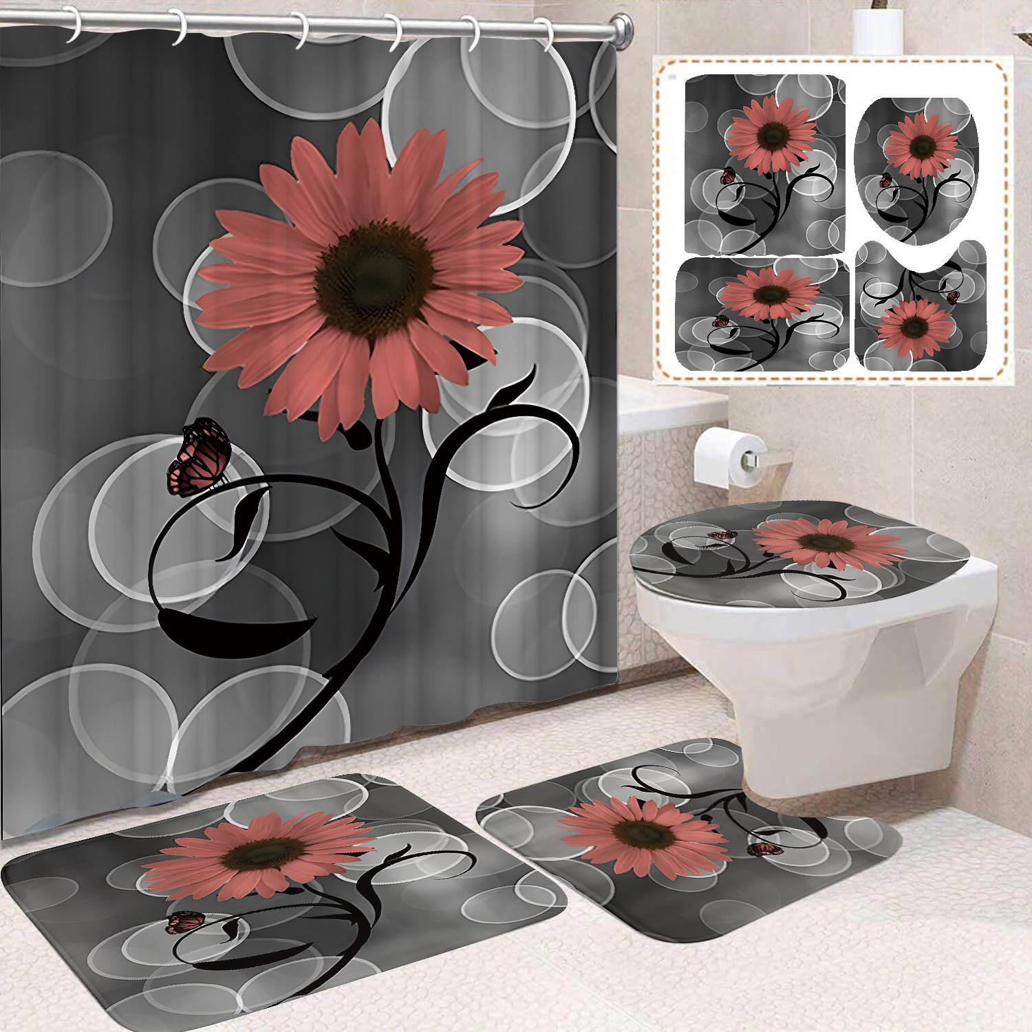 YL-37643 Factory direct sales watercolor daisy bathroom shower curtain/toilet partition curtain/no-drill curtain/shower curtain