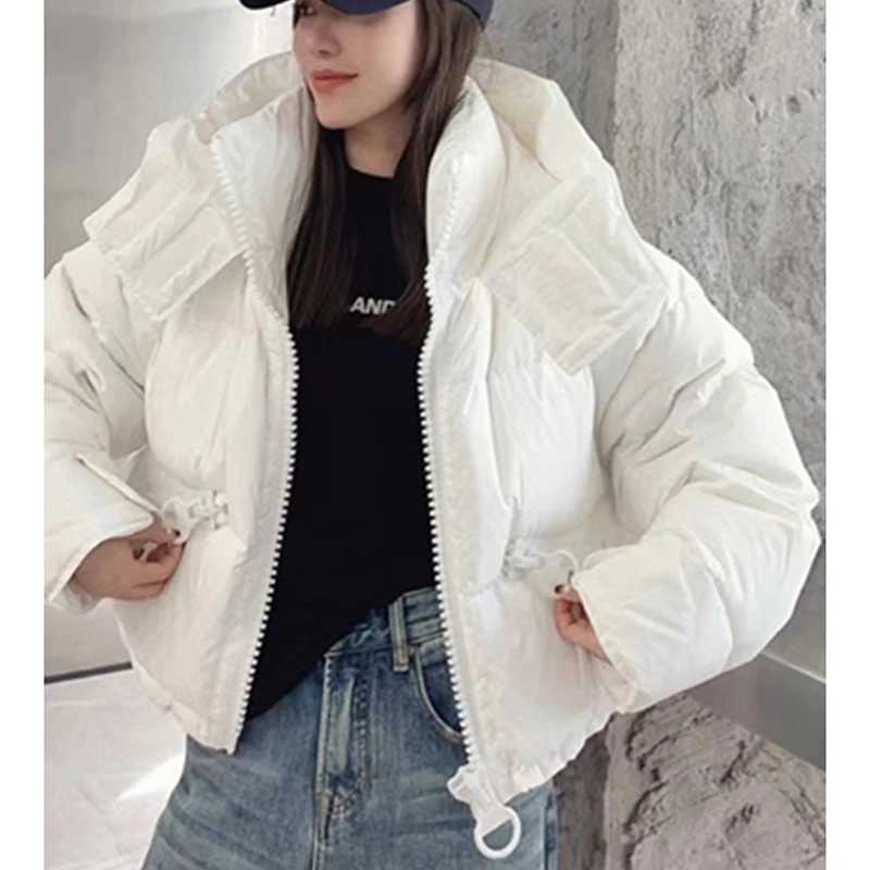 Fall Winter Warm Puffy Jacket Women Zip Up Harajuku Y2K Parkas Coat Long Sleeve Loose Casual Lazy Cargo Cropped OutwearT251105