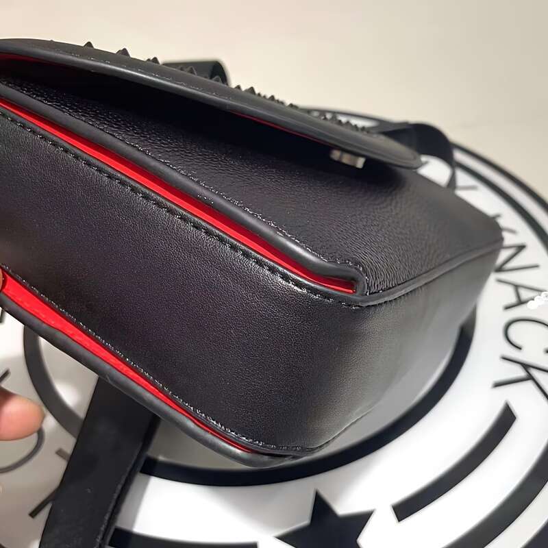 Edgy Geometric Studded Premium Second Layer Leather Adjustable Shoulder Bag Men Women, Sleek Black Unisex Messenger Purse For Everyday Use, Shopping