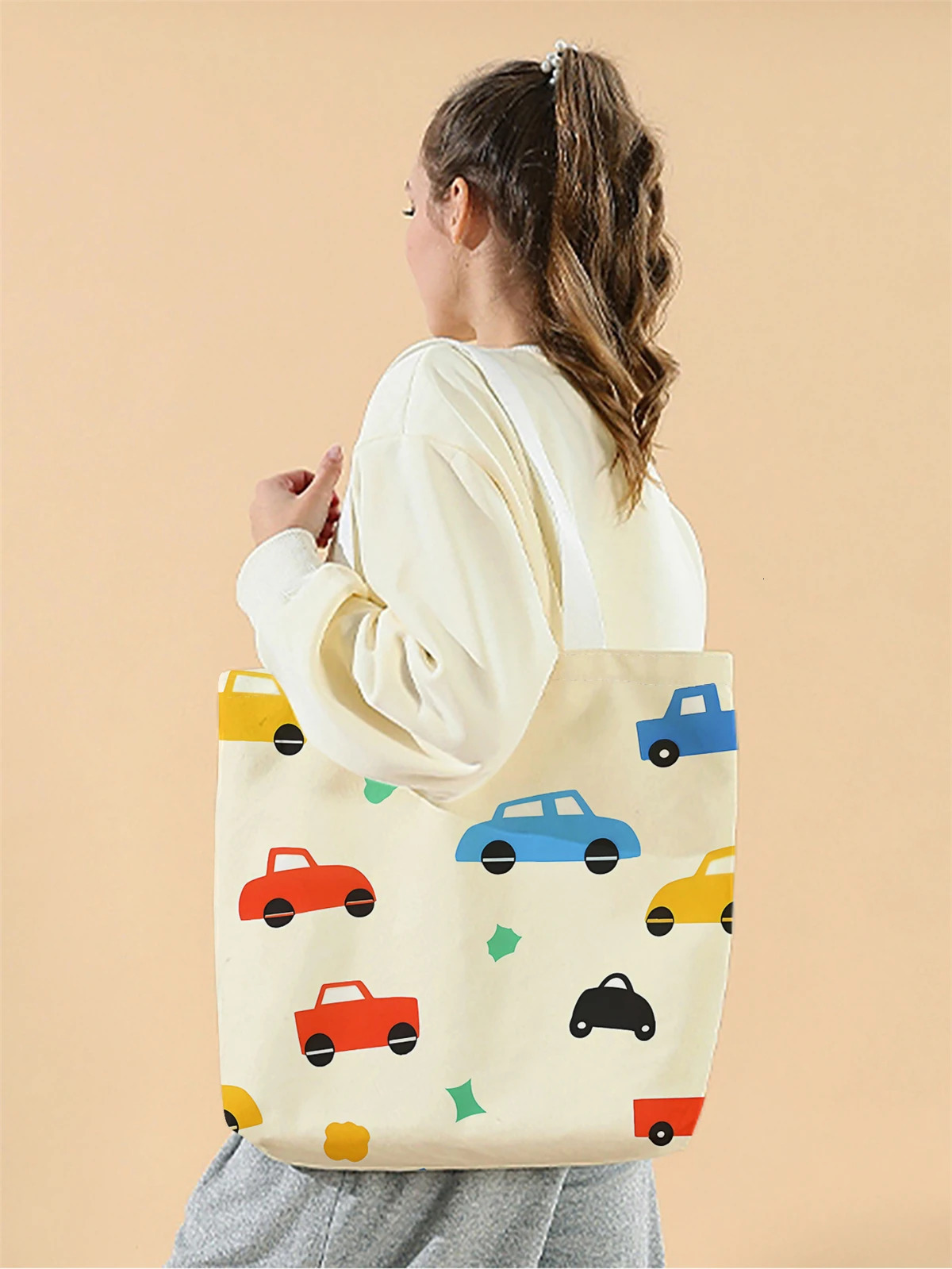 1 piece mini cartoon car handbag reusable fashionable multifunctional printed canvas shopping bag 250401