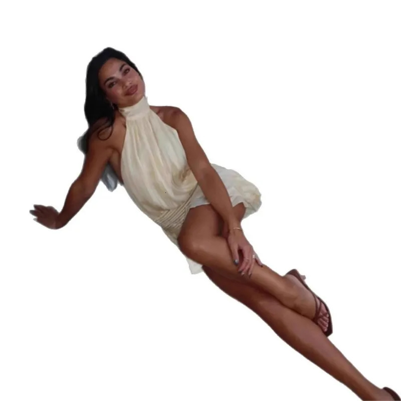 Elegant womens chiffon camisole mini dress for spring and summer 2025 sexy backless wrapped waist lace party vest 250403