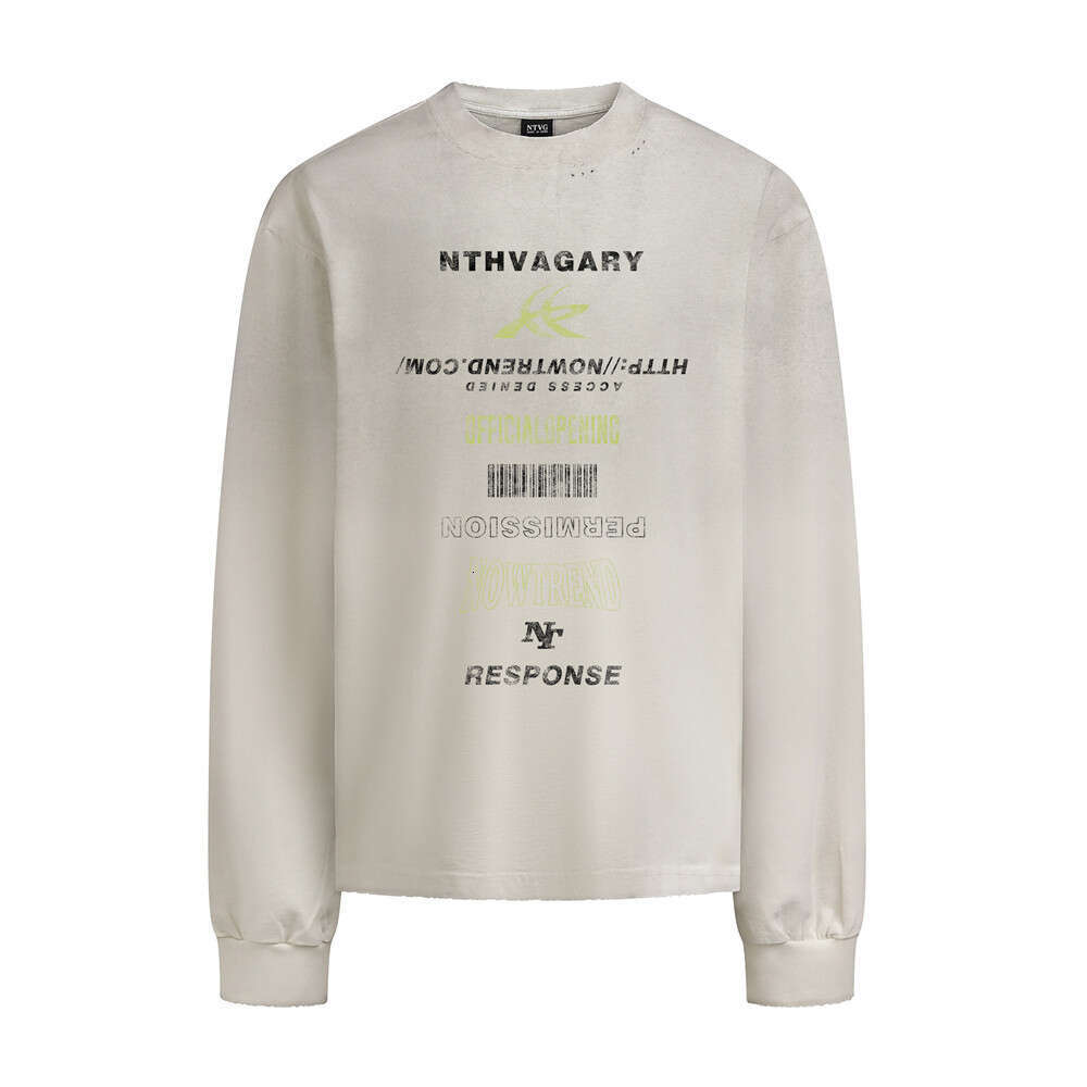 American Street Style Letter Print Long Sleeve T-Shirt Heavy Cotton Distressed Spray Paint Loose Casual Top for Men