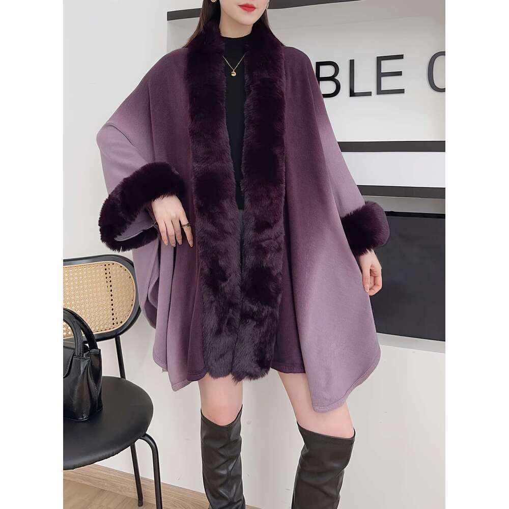 Women's Oversized Korean Fashion Winter - Collar Gradient Grey/Black Cape Cloak With Plush Trim, Wrap Shawl Mantle & Elegant Casual Or Formal Eve