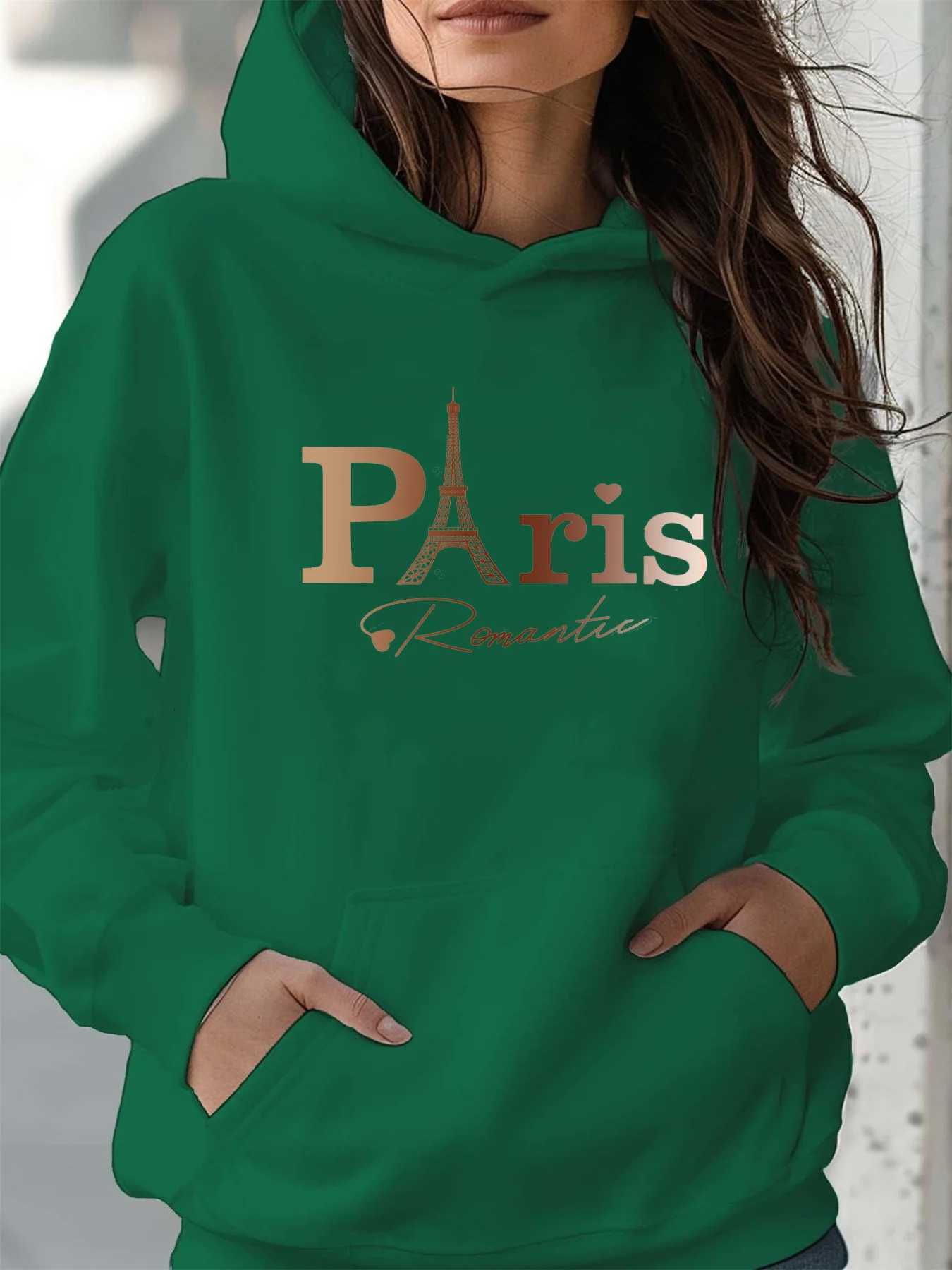 Womens autumn and winter warm and loose casual Paris pattern printed suede long sleeved hooded sweatshirtT251105
