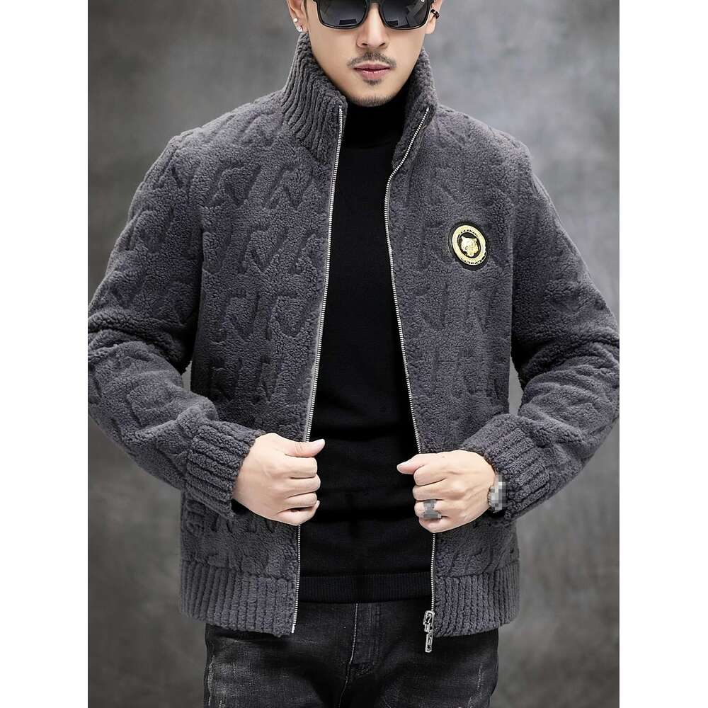 Men's Faux Fur-Lined - Casual Business Style, Warm Slim Fit, Full-Zip With And Ribbed Cuffs For Fall/Winter, Autumn Outerwear Stand Collar Jacket