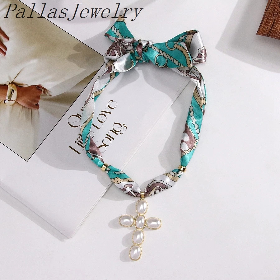 5Pcs Exquisite Silk Scarf Necklace With 18k Goldplated Pearl Cross Pendant Women Jewelry Holiday Party Festival Gift 251031