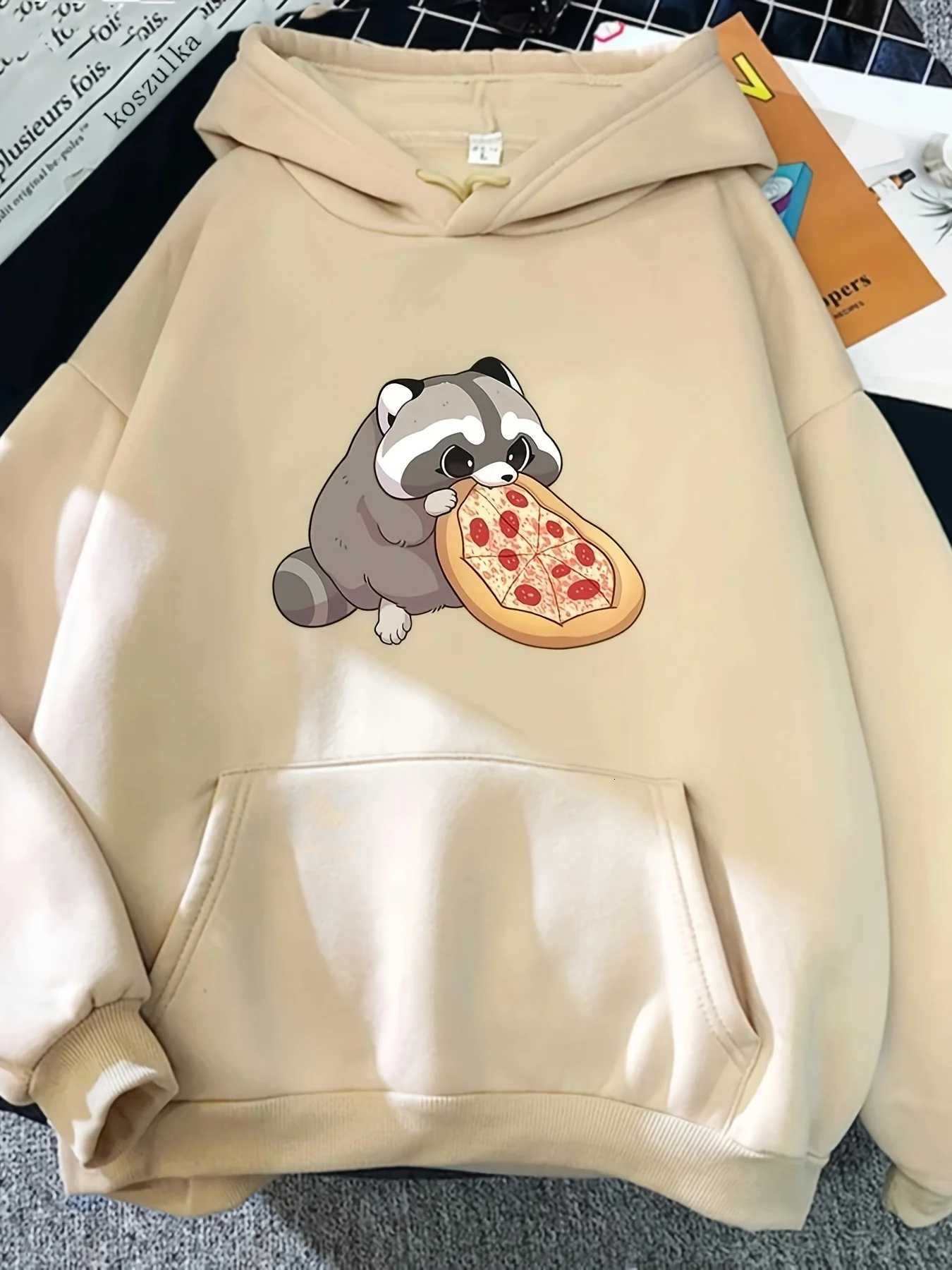 Women Hoodies 2025 Winter AutumnCartoon Raccoons Eating Pizza Y2k Sweatshirt Top Hoodie Long Sleeve Womens Casual ClothingT251105