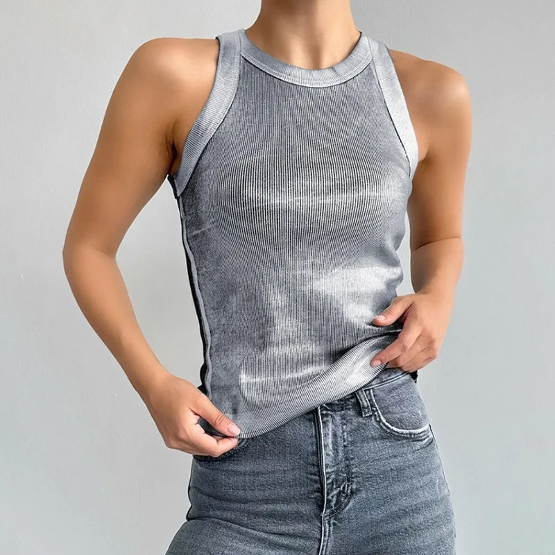 Spring Womens Fashionable Ultra Thin Silver Floral Casual Knitted Tank Top Warm Womens Elegant Sleeveless T-shirt 250403