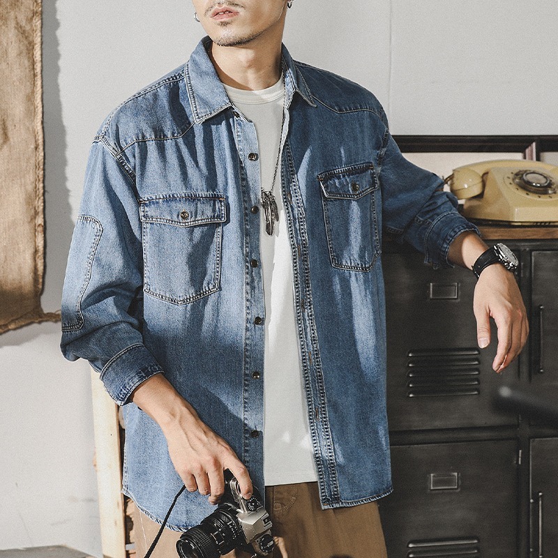 American Retro Workwear Shirt Men Long Sleeve Spring Autumn Men Ins Trendy Brand Shirt Jacket Men Denim Designer Jacket Jacket Trendy Men In Stock