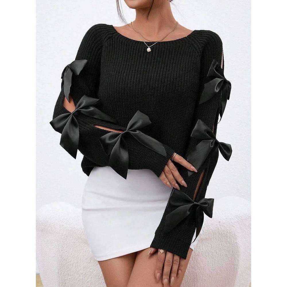 Fashionable Bow Details Hollowed Out Raglan Sleeves Knit Round Neck Minimalist Sweater Designer Sweater Bear Sweater