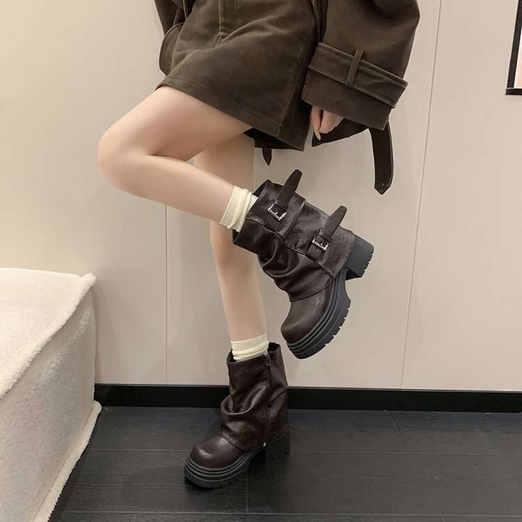 High Quality Fashion Two-Way Belt Buckle Cuff Short 2025 Autumn New Slimming Casual Slouchy Long Tube Riding Boots for Women Women's Leather Boot