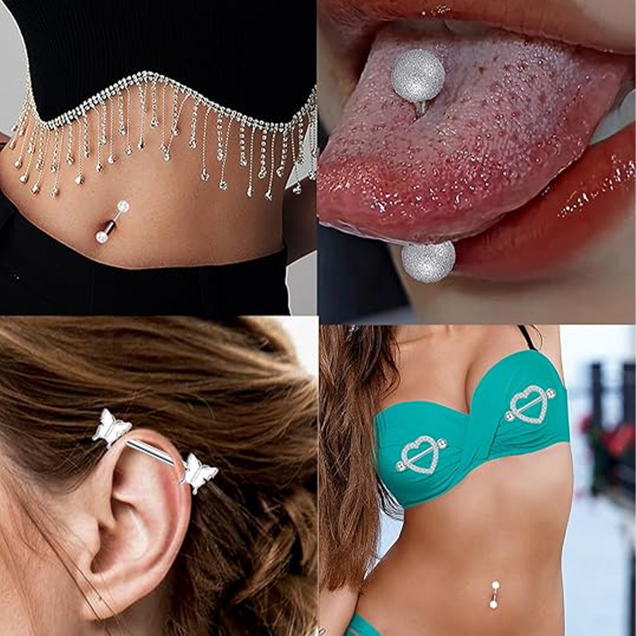 9 Pairs 14G Stainless Steel Nipple Rings Tongue Ring Straight Nipple Barbells Cute Butterfly Rose Opal Moon Heart CZ Body Piercing Jewelry for Women W