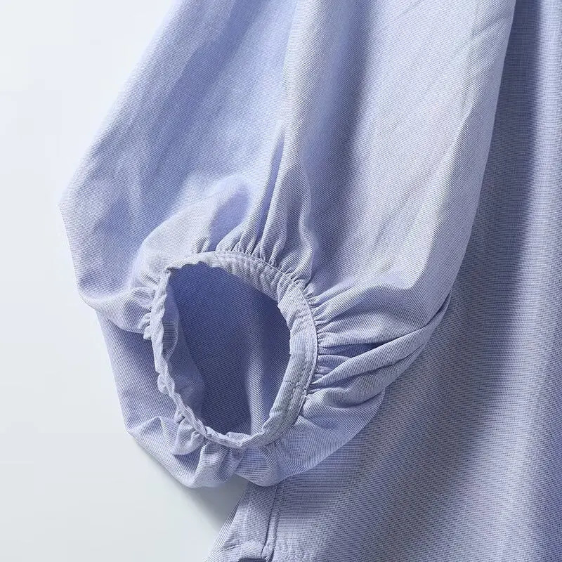 Maxdutti Nordic Minimalist Lake Blue Loose Fitting Tops Womens Casual Long Sleeve Folded Shirt Womens 250402