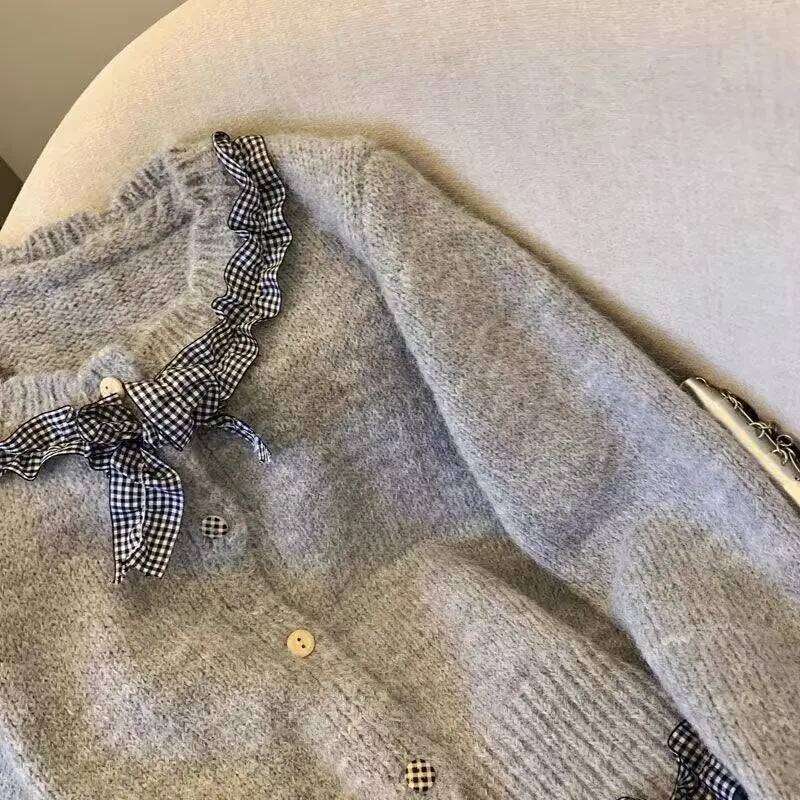 Women's Clothing Patchwork Ruffle Edge Bow Tie Cardigan Sweater For Women Autumn Winter Long Sleeved Sweet Chic Soft Knitted Top Designer Sweater