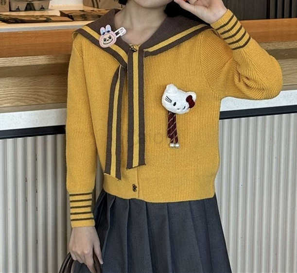 Sanrio Childrens Sweater 2025 Girls Winter New 3598KT Cat Big Kids Korean Style Simple Navy Wind Sweater Cardigan H251105