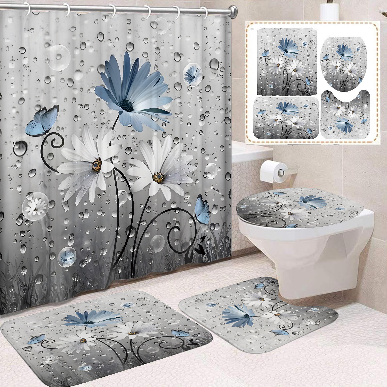 YL-37635 Customized 3D Watercolor Butterfly and Daisy Shower Curtain/Toilet Partition Curtain/No-Drill Curtain/Shower Curtain
