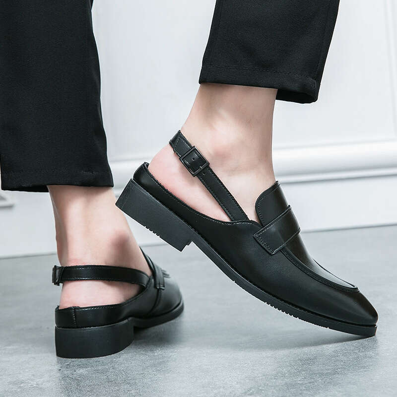 Half Dragged High Root Leather Shoes 2023 Summer New Style Personalized Fashion Show Buckle Cap Large Sandals