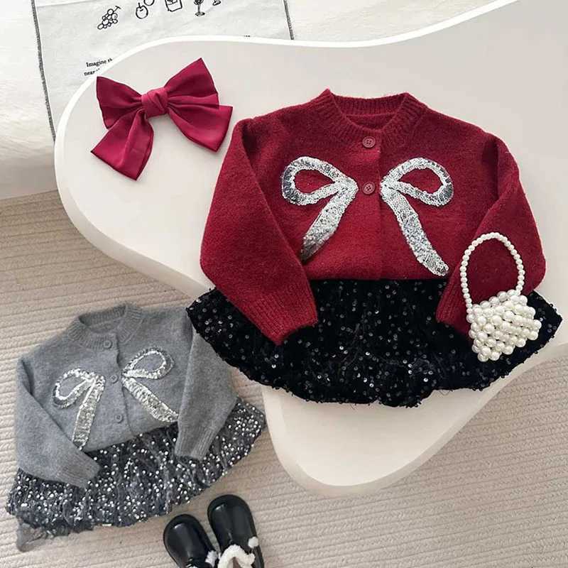 MILANCEL New Winter Kids Sweater Set Cute Bow Girls Knitted Cardigan Sequin Short Skirt Loose Korean Children Outfit 2PCS Y251105