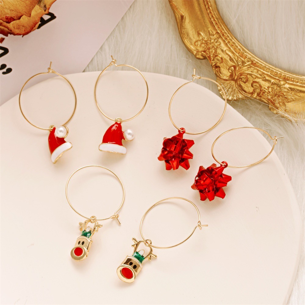 Three-piece Colorful Flower Christmas Hat Elk Earrings Women's Set Ear Accessories