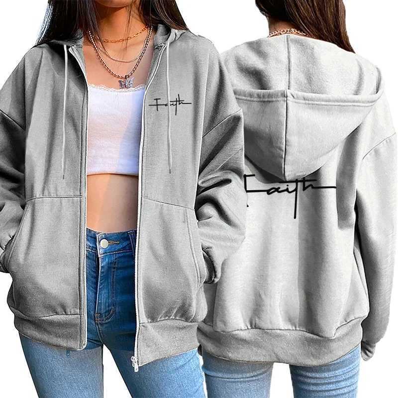 Womens zipper cardigan jacket printed casual hooded sweatshirt sports jogging wear high-quality versatile street jacketT251105