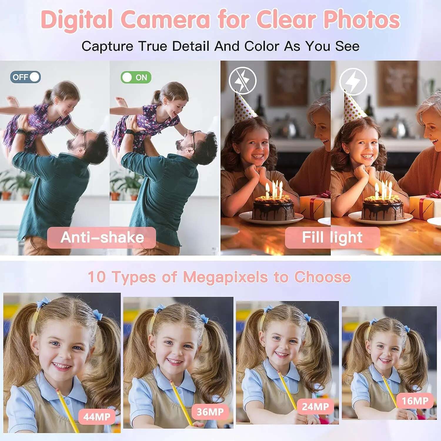 Digital Camera Children Camcorder with 16x Zoom Compact 1080P 44MP Cameras for Beginner Photography