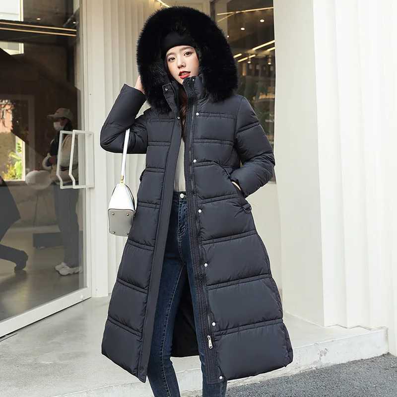 Women Cotton-padded Jacket With Fur Hooded Long Bubble Coat Female Winter Warm Parkas Outerwear Puffer Overcoat with BeltT251105