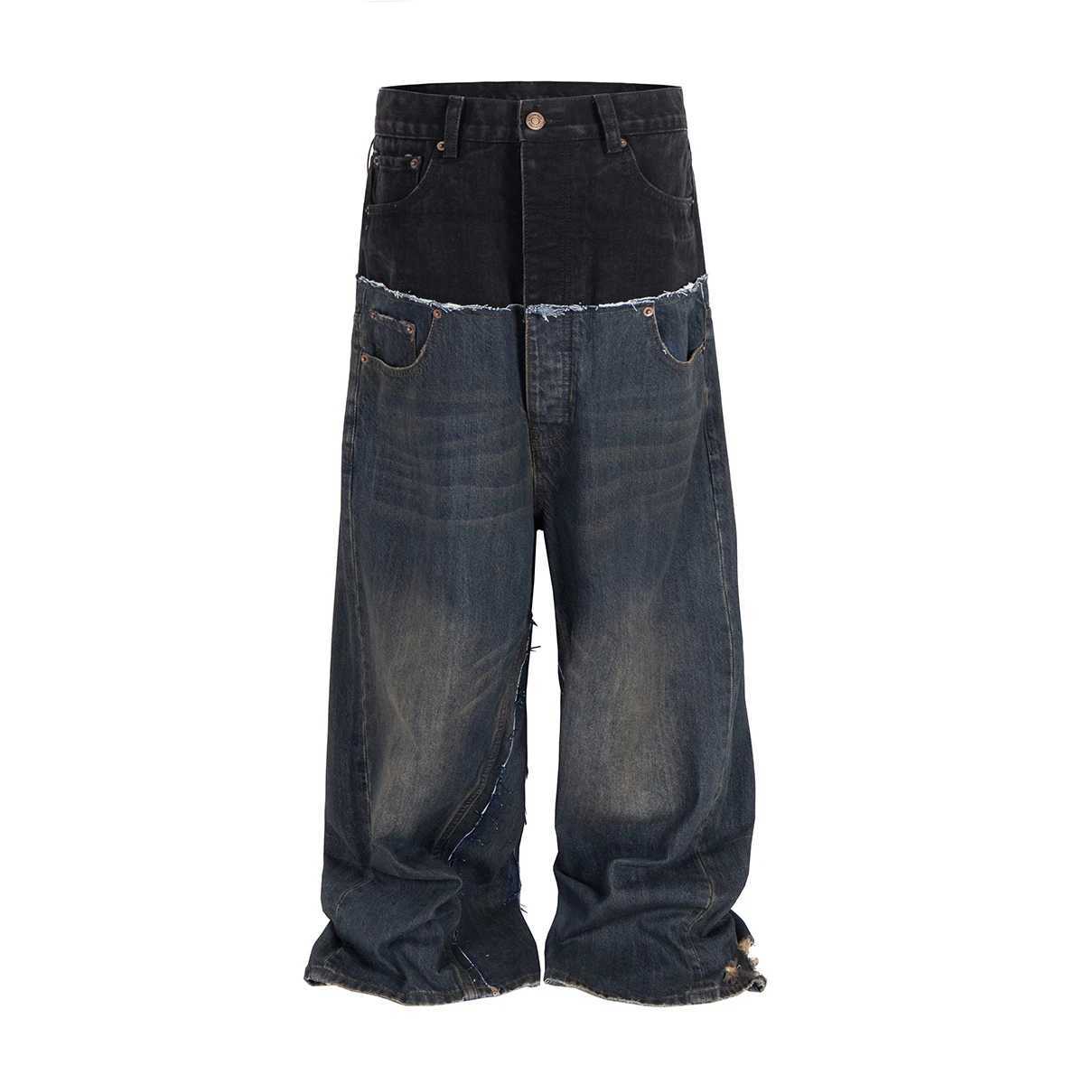 CUT-UP Double-layer Double Waist Patchwork Baggy Jeans for Men and Women Straight Casual Loose Denim Trousers Oversized H260615 - view 7