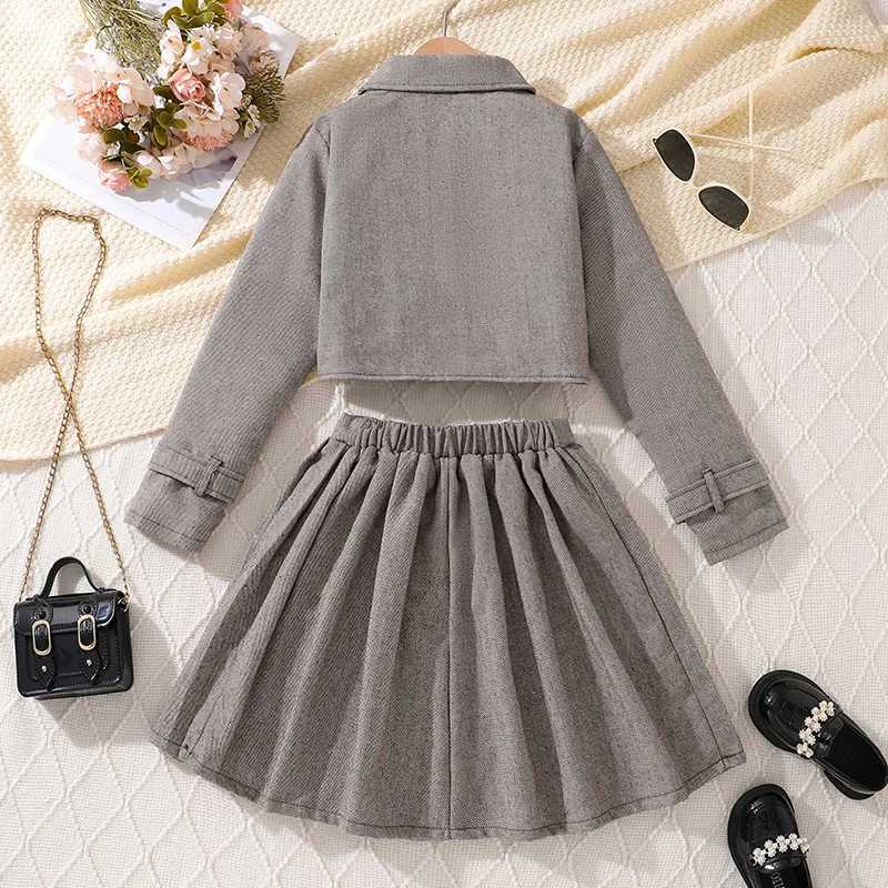 Girls College Style Suit Lapel Short Coat with Pleated Overskirt Spring Autumn Sweet Elegant 8-12 Years Old Y251105
