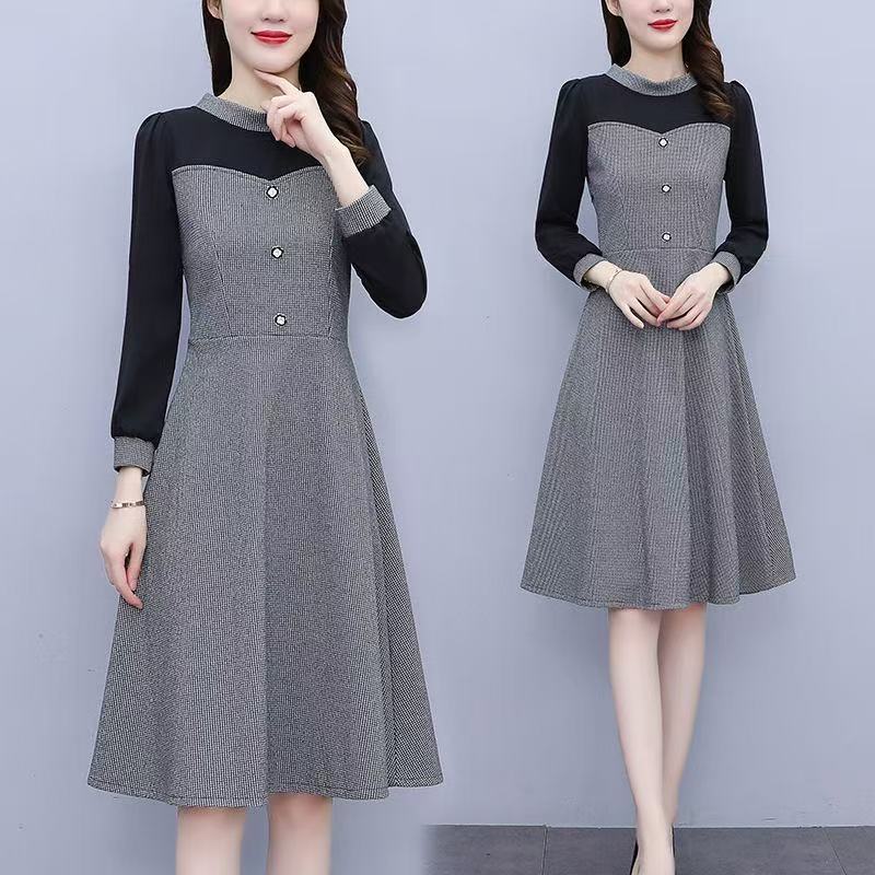 plus size women's new long sleeve high waist printed banquet dress mid-length skirt D02795