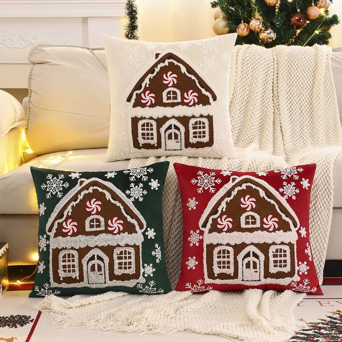 1 PC Christmas House Throw Pillow Cover Velvet Embroidery Snowflake Christmas Decoration Living Room Y251105