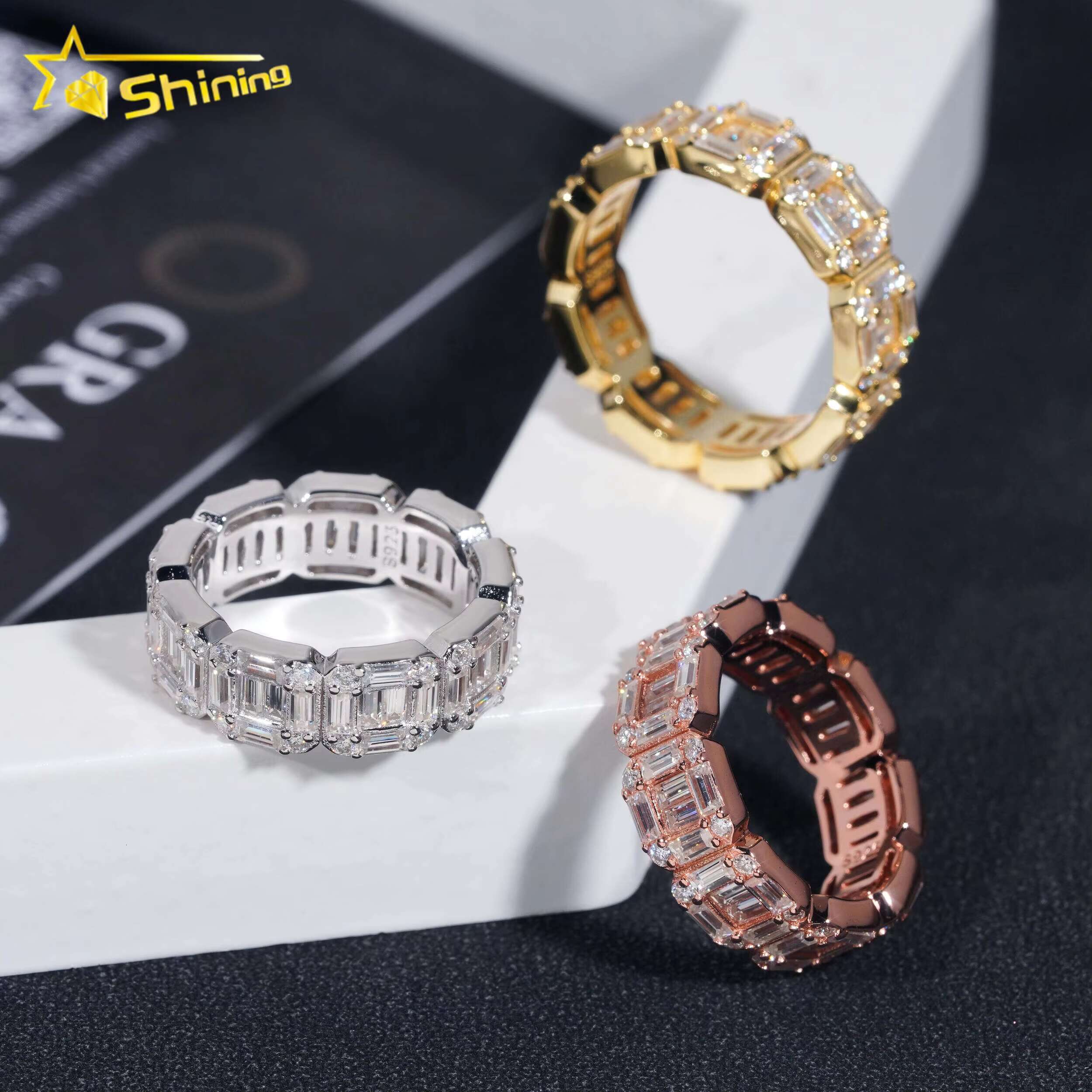 Certified 925 Sterling Silver Gold Plated Hip Hop Jewelry Baguette VVS Diamond Moissanite Hip Hop Band Ring