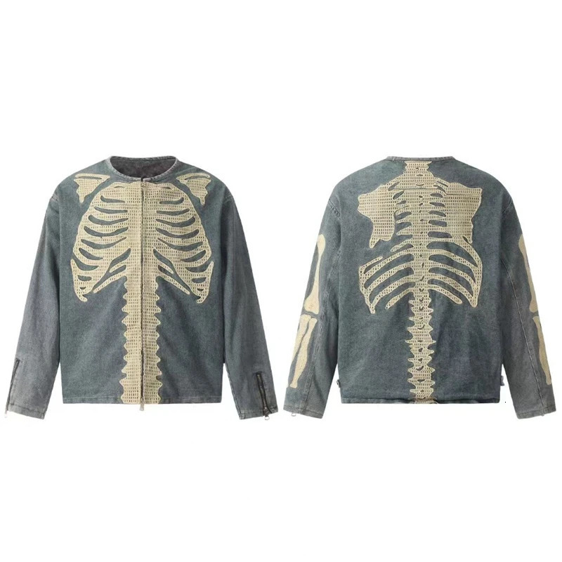 AutumnWinter Vintage Denim Heavy duty Bone Embroidered Loose Casual High Street Coat Japanese Trendy Mens Zipper 251030