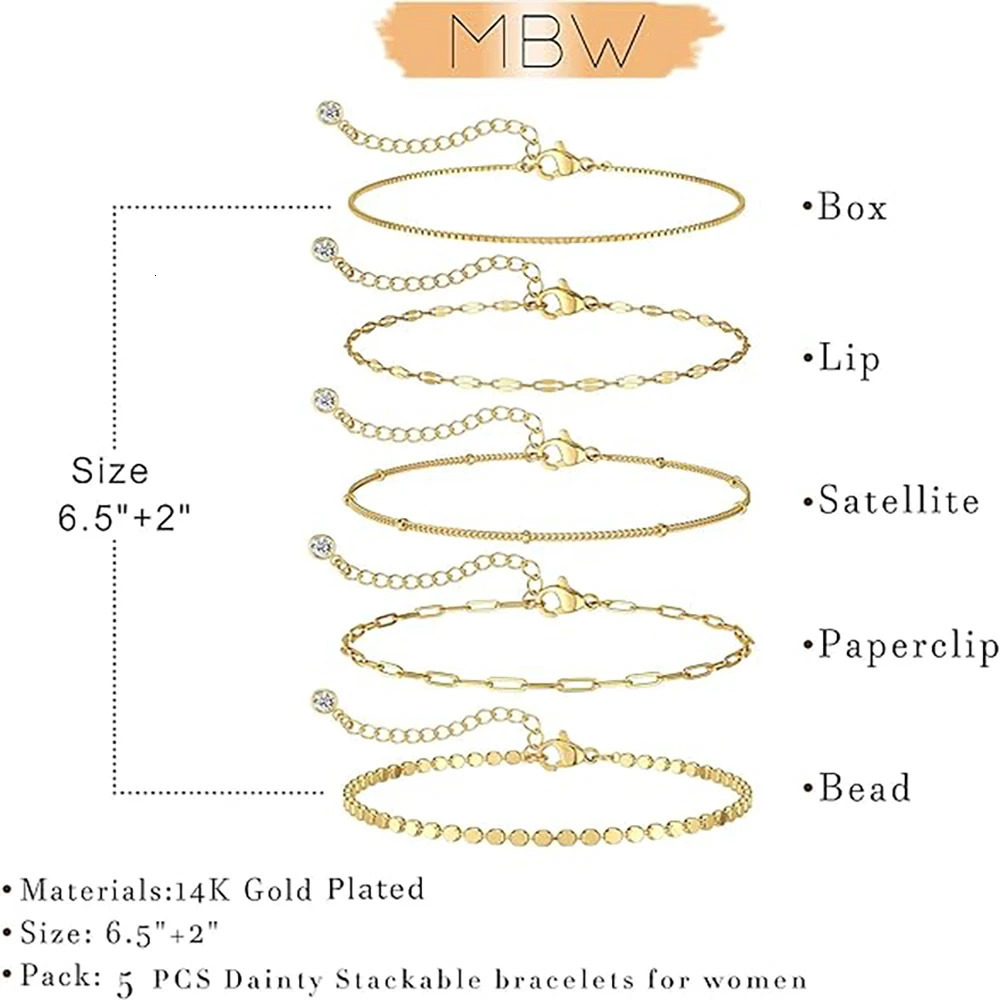 14K Gold Plated Bracelet Set for Women Dainty Stackable Paperclip Beaded Chains Trendy Waterproof Gift 251104