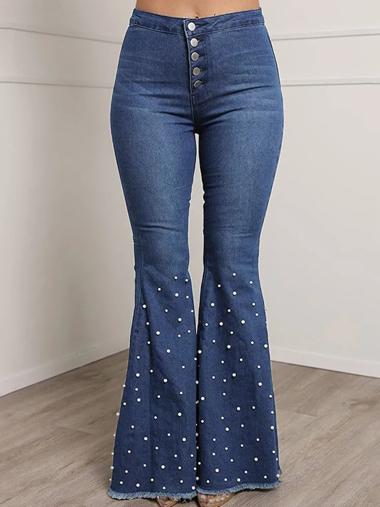 Womens Stretch Flared Jeans Fashionable and Slim Suitable for Hip Lifting Pearl Decorative Denim Unique Street Women Trouser 250403