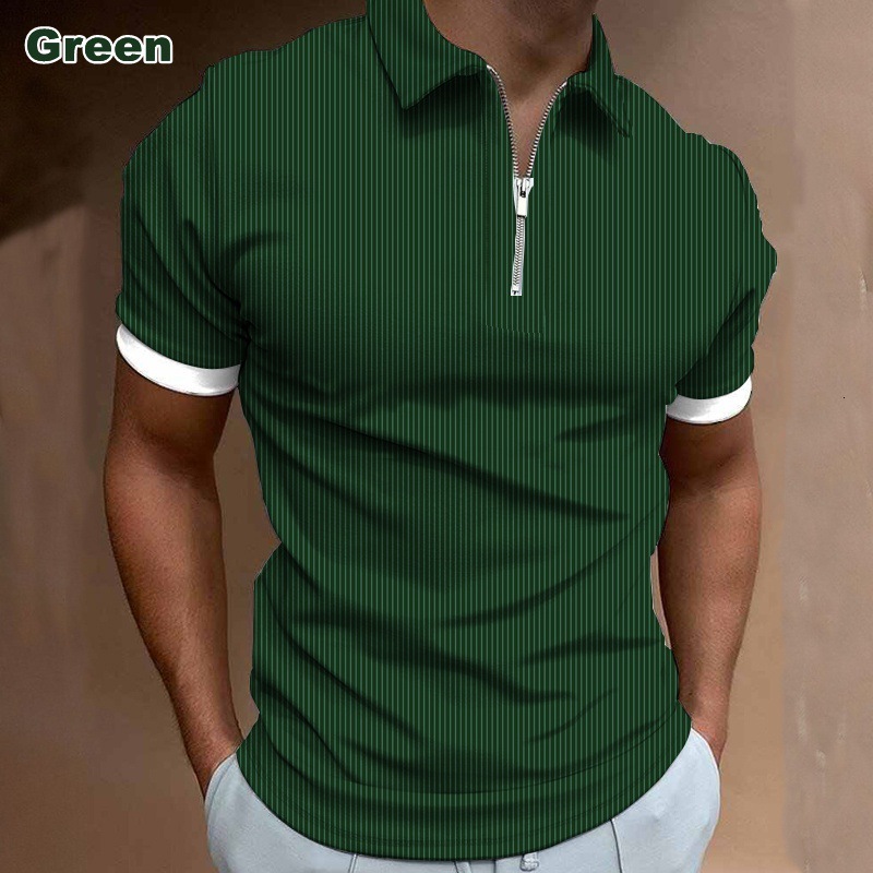 Mens Spring New Mens Casual 3D Printed Collar Short Sleeve Zipper Polo Mens T-shirt Top