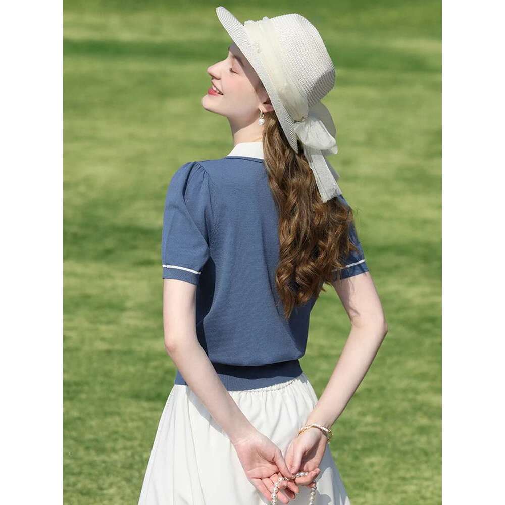 French Retro Lapel Short Wool Knitted Tees 2025 Summer Waist Temperament Tops Puff Sleeve Top