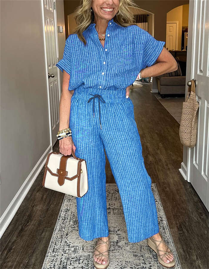 2025 Cross-Border Spring and Autumn Amazon Independent Station Women's Striped Suit with Turn-Down Collar Short Sleeve Straight-Leg Lazy Style Lo