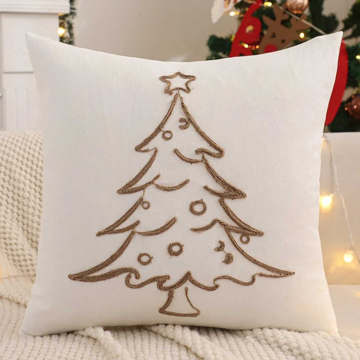 Embroidery Throw Pillow Cover Christmas Decoration Canvas Christmas Tree Reindeer Snowflake Winter Farmhouse Home Sofa Y251105