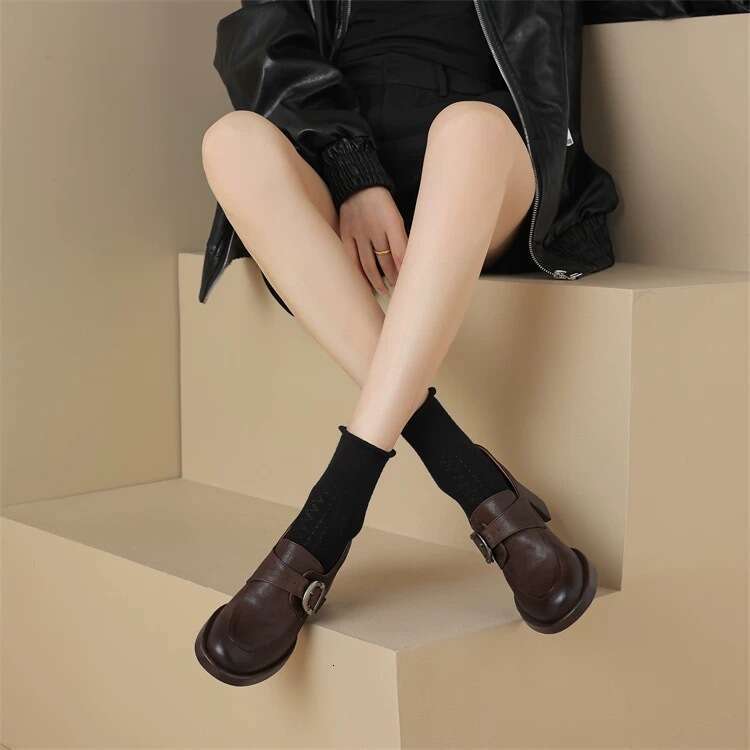 British Style Metal Belt Buckle Small for Women Thick Designer Shoe Round Toe Platform High Heel Loafers Soft Leather Single Shoes