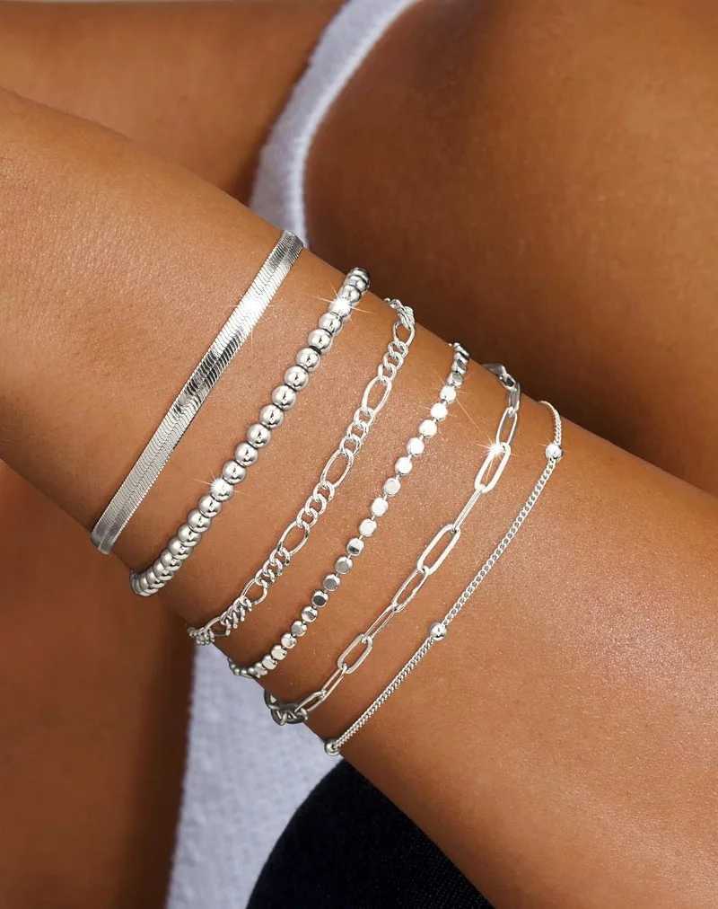 6pc/set Waterproof Stainless Steel Bracelet Set for Women Girls Fashion Bead Figaro Herringbone Paperclip Chain Bracelets PackXJ251105
