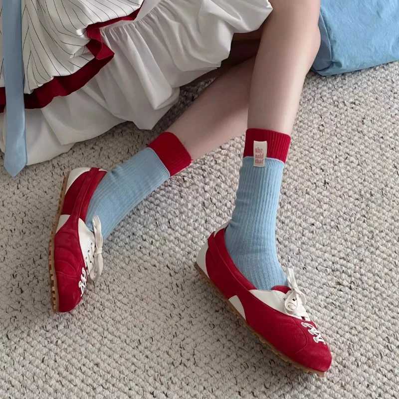 Stylish New Mary Jane Shoes Round Toe Light Mouth Color Block Front Lace-Up Slip Soft Sole Flat Single Shoes Y251105
